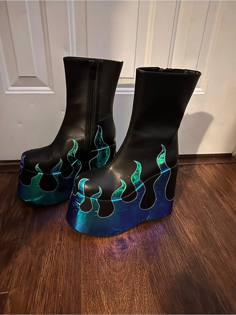 Dollskill x ClubExx Black Platform Ankle Boots w/ Iridescent Flames Cerulean